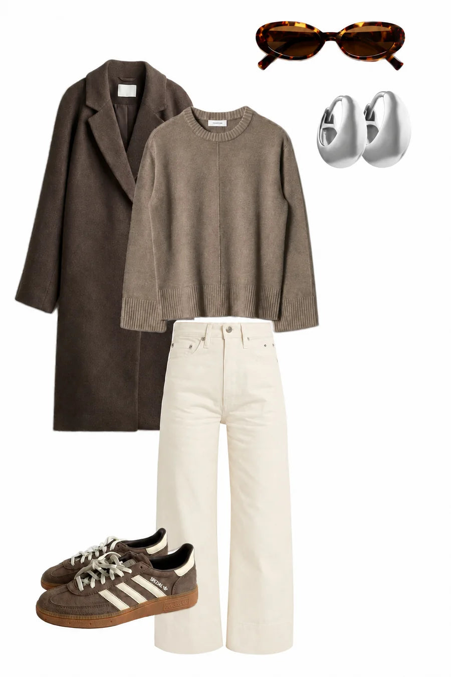 Look Tiramisú: abrigo marrón, jersey y pantalón crudo